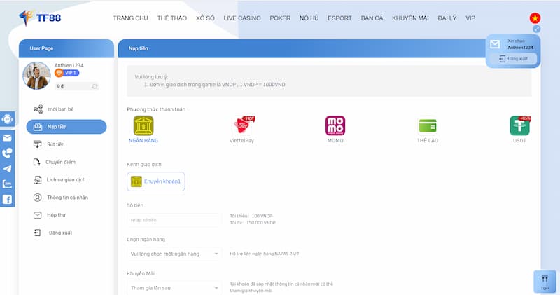 TF88 - Nhà cái xanh chín với nhiều khuyến mãi KHỦNG 8 Hướng Dẫn Nạp Tiền